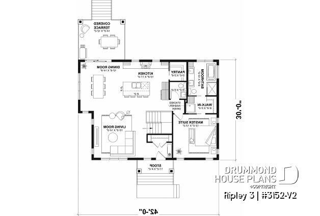 1st level - "Farmhouse bungalow house plan, master bedroom on the main floor, optional finished basement plan ($)" - Ripley 3