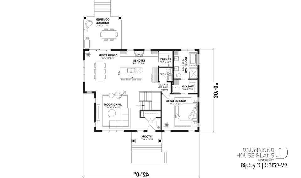 1st level - "Farmhouse bungalow house plan, master bedroom on the main floor, optional finished basement plan ($)" - Ripley 3