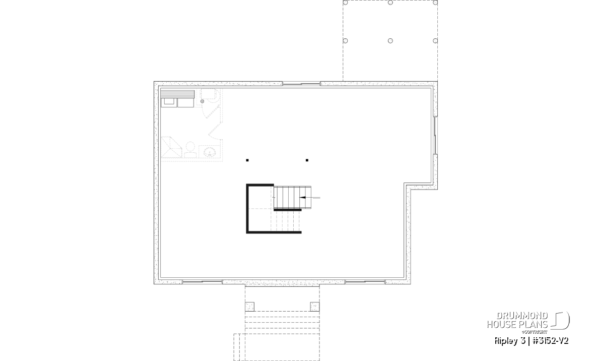Unfinished basement - "Farmhouse bungalow house plan, master bedroom on the main floor, optional finished basement plan ($)" - Ripley 3