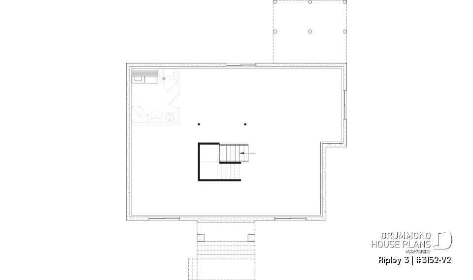 Unfinished basement - "Farmhouse bungalow house plan, master bedroom on the main floor, optional finished basement plan ($)" - Ripley 3