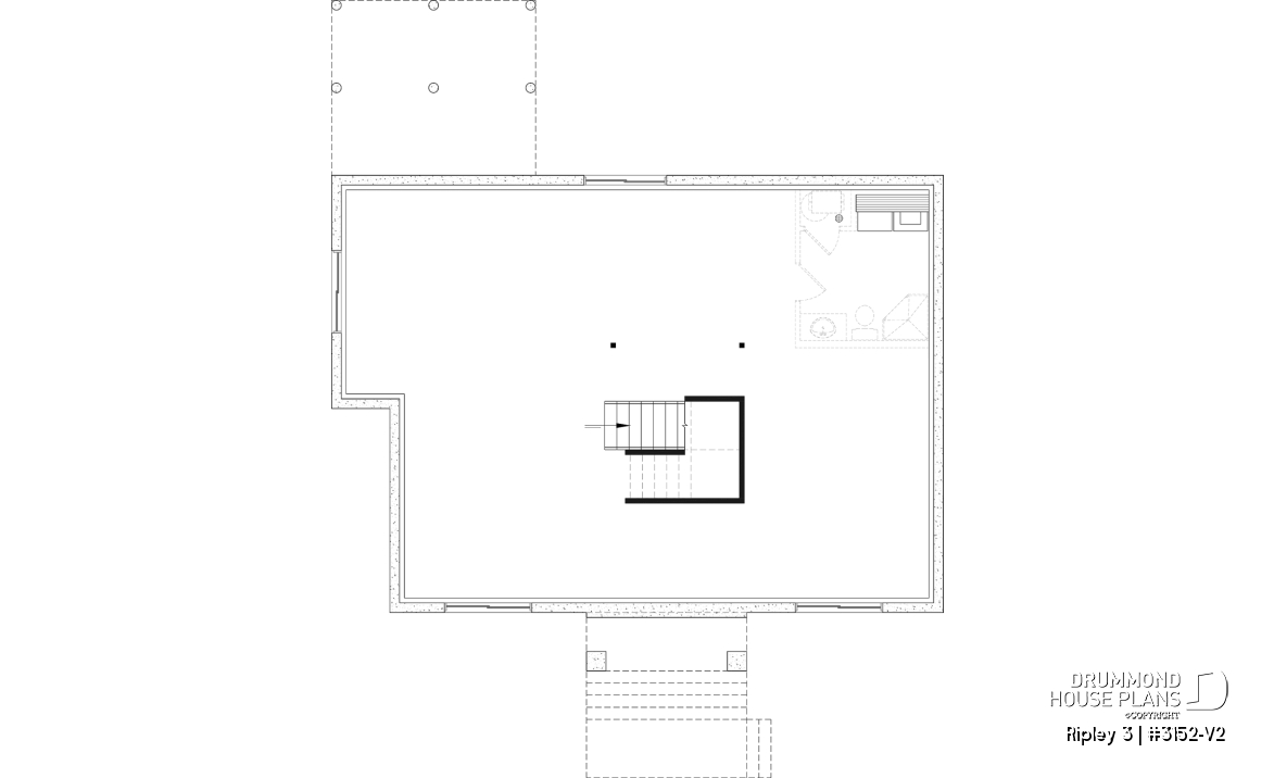 Unfinished basement - "Farmhouse bungalow house plan, master bedroom on the main floor, optional finished basement plan ($)" - Ripley 3