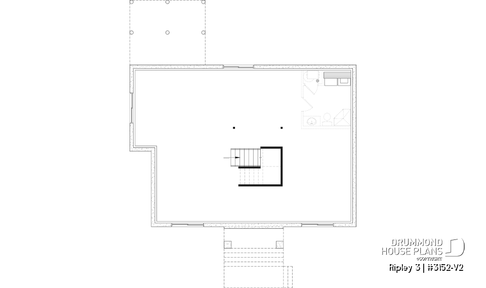 Unfinished basement - "Farmhouse bungalow house plan, master bedroom on the main floor, optional finished basement plan ($)" - Ripley 3