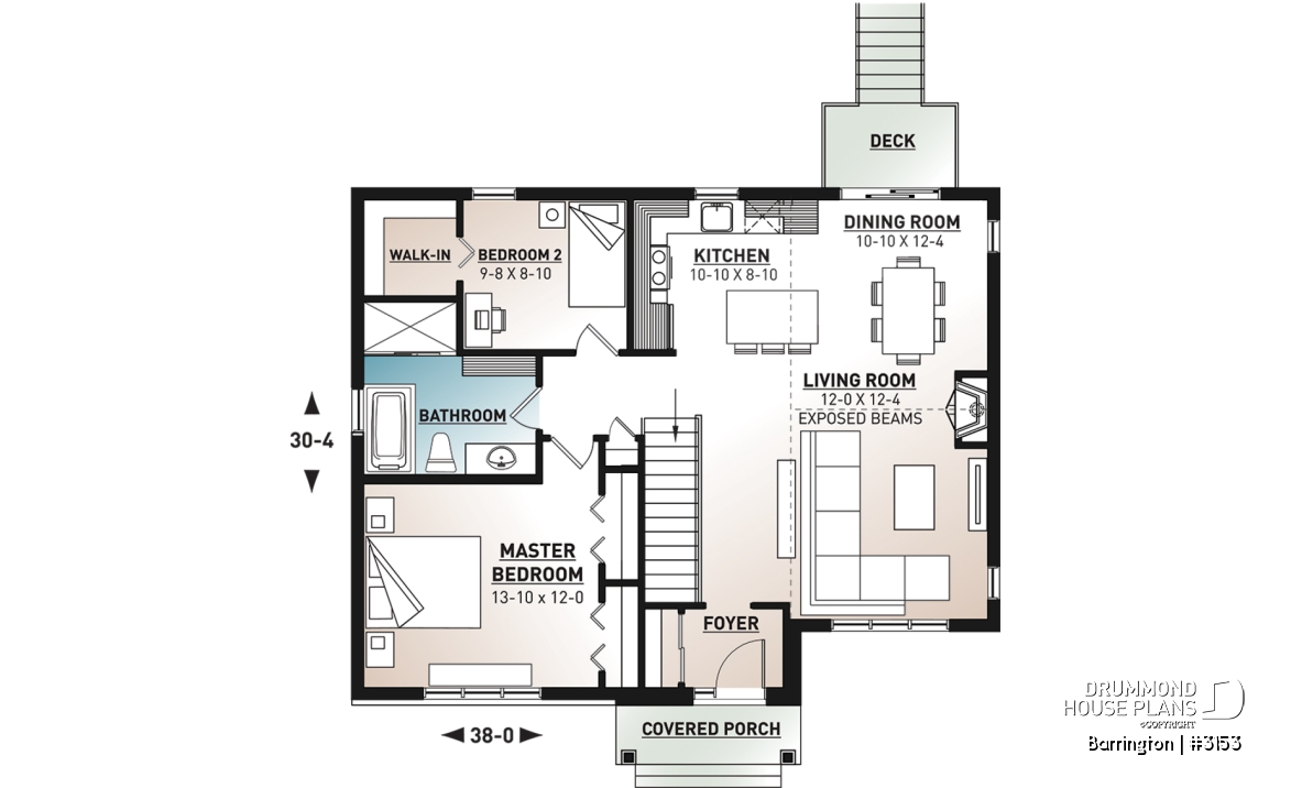 1st level - Modern ranch house plan, 2 to 4 bedrooms, optional finished basement ($), open floor plan, fireplace - Barrington