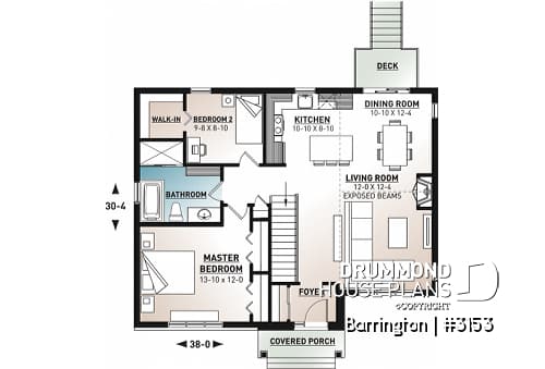 1st level - Modern ranch house plan, 2 bedrooms, low-cost construction, open floor plan, fireplace, charming style  - Barrington