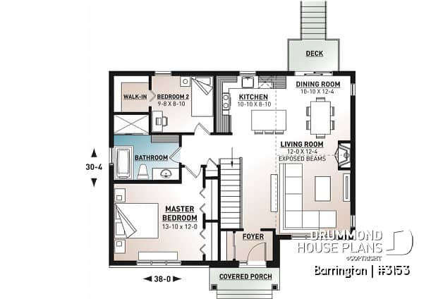 1st level - Modern ranch house plan, 2 bedrooms, low-cost construction, open floor plan, fireplace, charming style  - Barrington