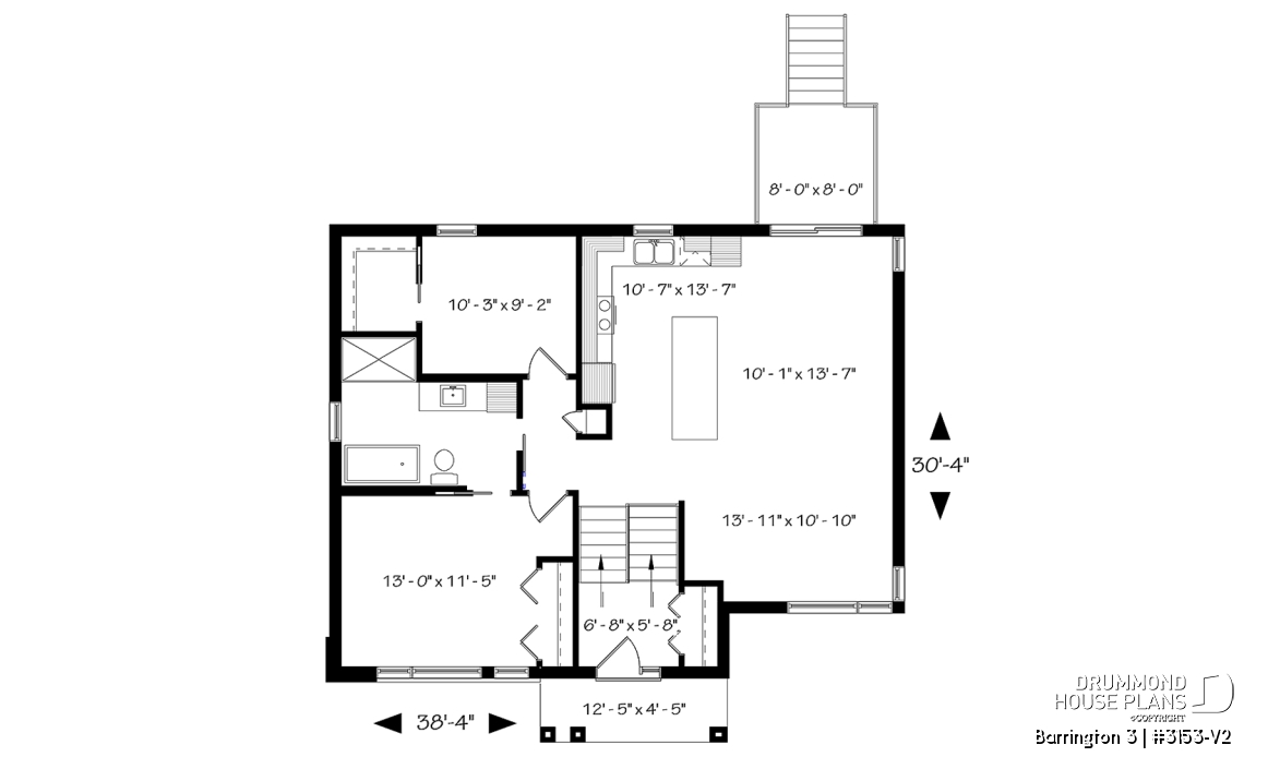1st level - Small Modern house plan, 2 beds, 10' ceiling in family room, large bathroom, kitchen island - Barrington 3