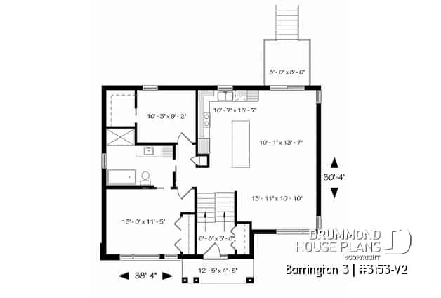 1st level - Small Modern house plan, 2 beds, 10' ceiling in family room, large bathroom, kitchen island - Barrington 3