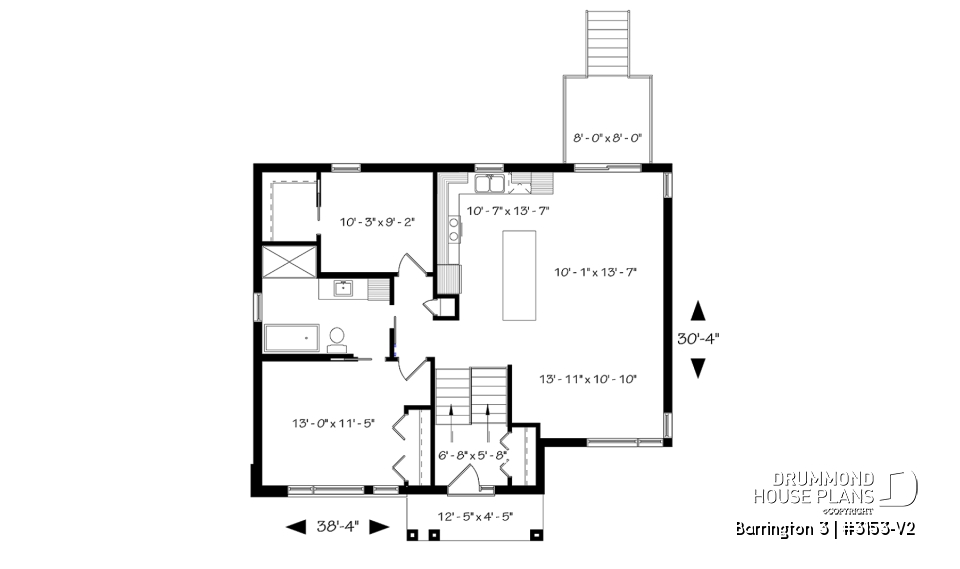 1st level - Small Modern house plan, 2 beds, 10' ceiling in family room, large bathroom, kitchen island - Barrington 3