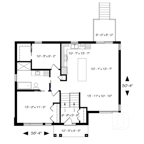 1st level - Small Modern house plan, 2 beds, 10' ceiling in family room, large bathroom, kitchen island - Barrington 3