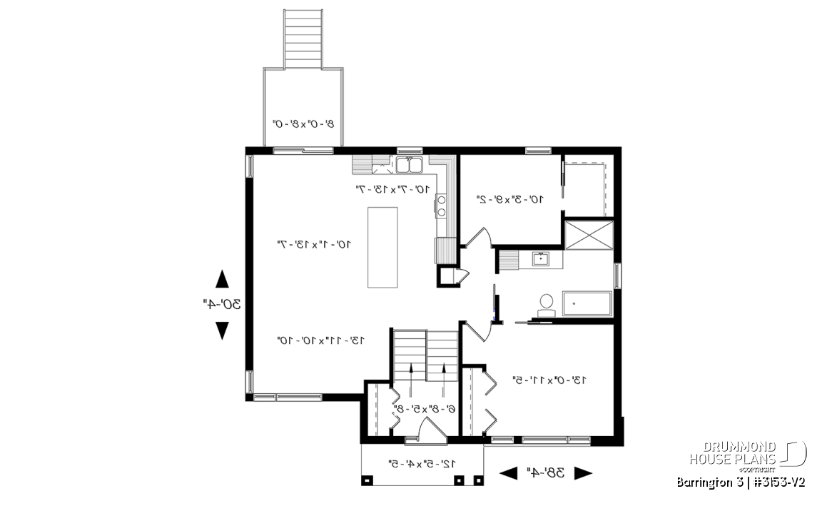 1st level - Small Modern house plan, 2 beds, 10' ceiling in family room, large bathroom, kitchen island - Barrington 3
