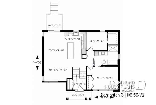 1st level - Small Modern house plan, 2 beds, 10' ceiling in family room, large bathroom, kitchen island - Barrington 3