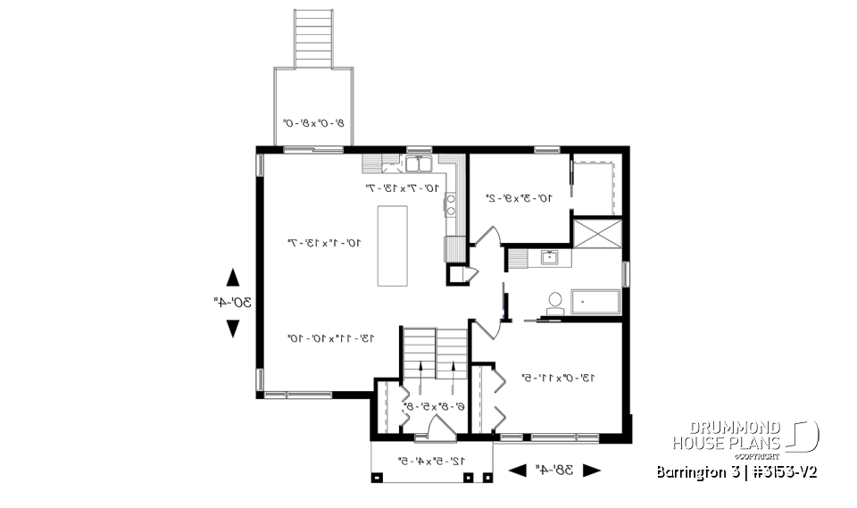 1st level - Small Modern house plan, 2 beds, 10' ceiling in family room, large bathroom, kitchen island - Barrington 3