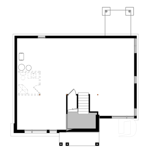 Basement - Small Modern house plan, 2 beds, 10' ceiling in family room, large bathroom, kitchen island - Barrington 3