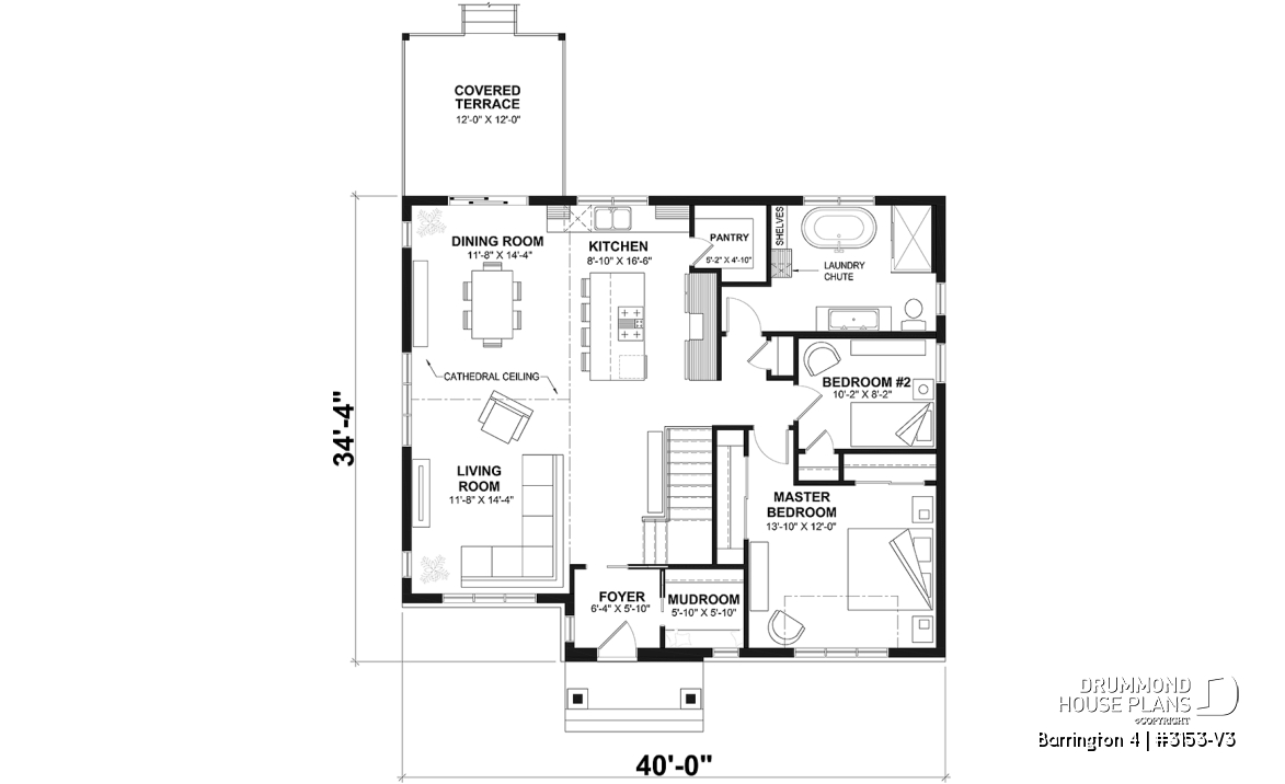 1st level - Budget friendly Farmhouse style house plan w/ optional finished basement ($), 2-4 beds, game room, cathedral - Barrington 4
