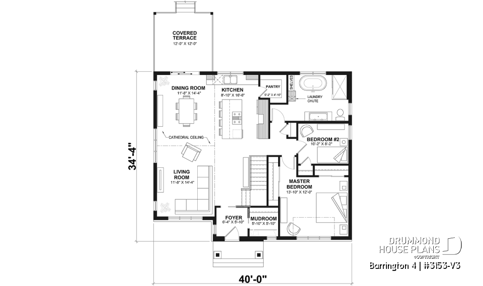 1st level - Budget friendly Farmhouse style house plan w/ optional finished basement ($), 2-4 beds, game room, cathedral - Barrington 4
