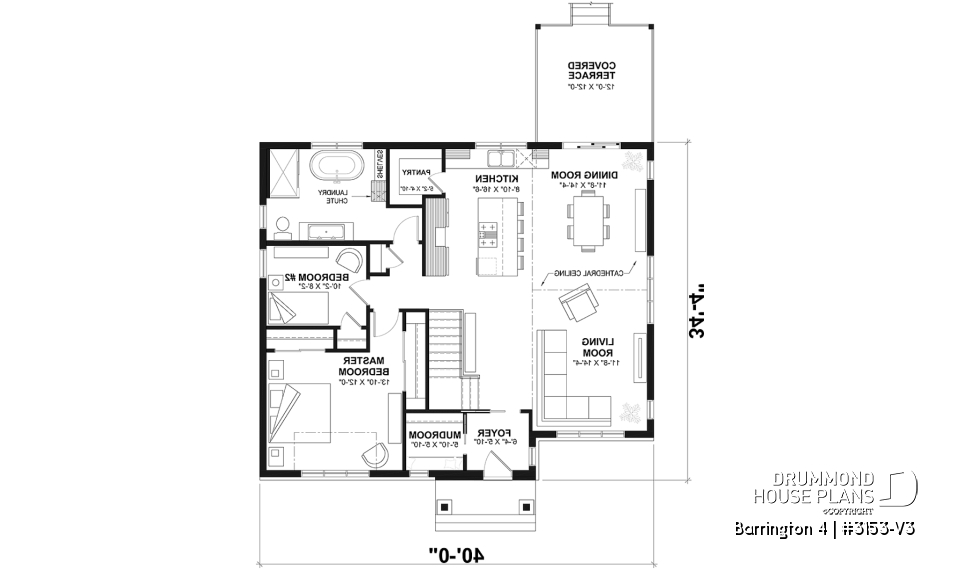 1st level - Budget friendly Farmhouse style house plan w/ optional finished basement ($), 2-4 beds, game room, cathedral - Barrington 4