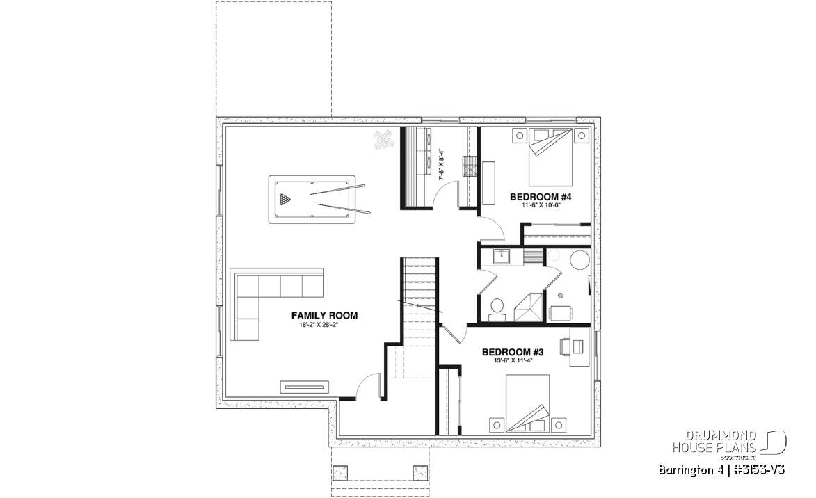 Finished basement (Optional $) - Budget friendly Farmhouse style house plan w/ optional finished basement ($), 2-4 beds, game room, cathedral - Barrington 4
