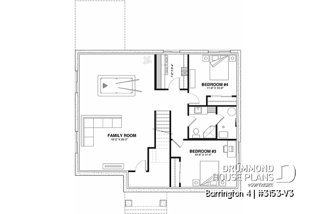Finished basement (Optional $) - Budget friendly Farmhouse style house plan w/ optional finished basement ($), 2-4 beds, game room, cathedral - Barrington 4