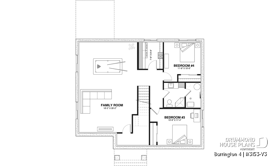 Finished basement (Optional $) - Budget friendly Farmhouse style house plan w/ optional finished basement ($), 2-4 beds, game room, cathedral - Barrington 4