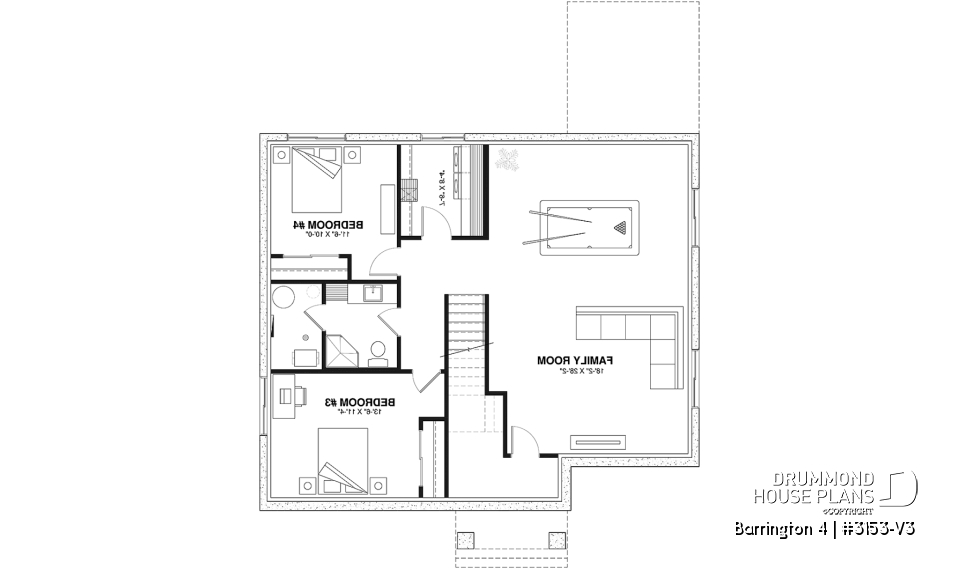Finished basement (Optional $) - Budget friendly Farmhouse style house plan w/ optional finished basement ($), 2-4 beds, game room, cathedral - Barrington 4