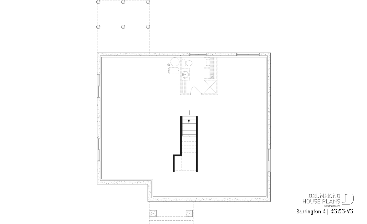 Unfinished basement - Budget friendly Farmhouse style house plan w/ optional finished basement ($), 2-4 beds, game room, cathedral - Barrington 4