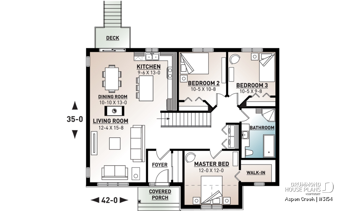 1st level - Ranch bungalow house plan with 3 bedrooms on main floor, open floor plan concept, fireplace - Aspen Creek