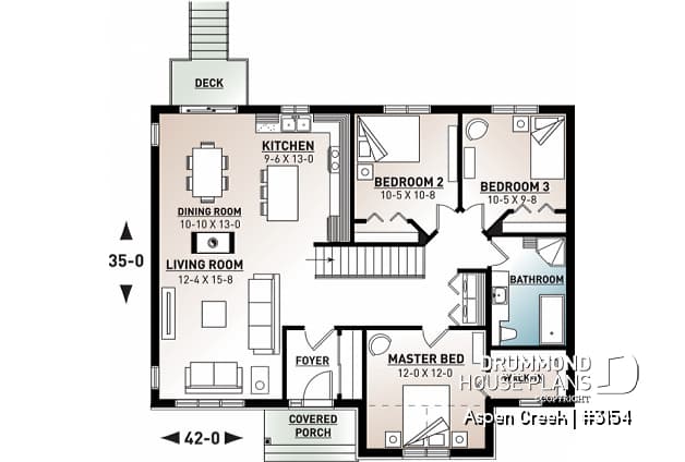 1st level - Rustic home design bungalow with 3 bedrooms on main floor, open floor plan concept, fireplace - Aspen Creek