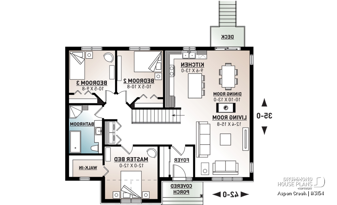 1st level - Ranch bungalow house plan with 3 bedrooms on main floor, open floor plan concept, fireplace - Aspen Creek