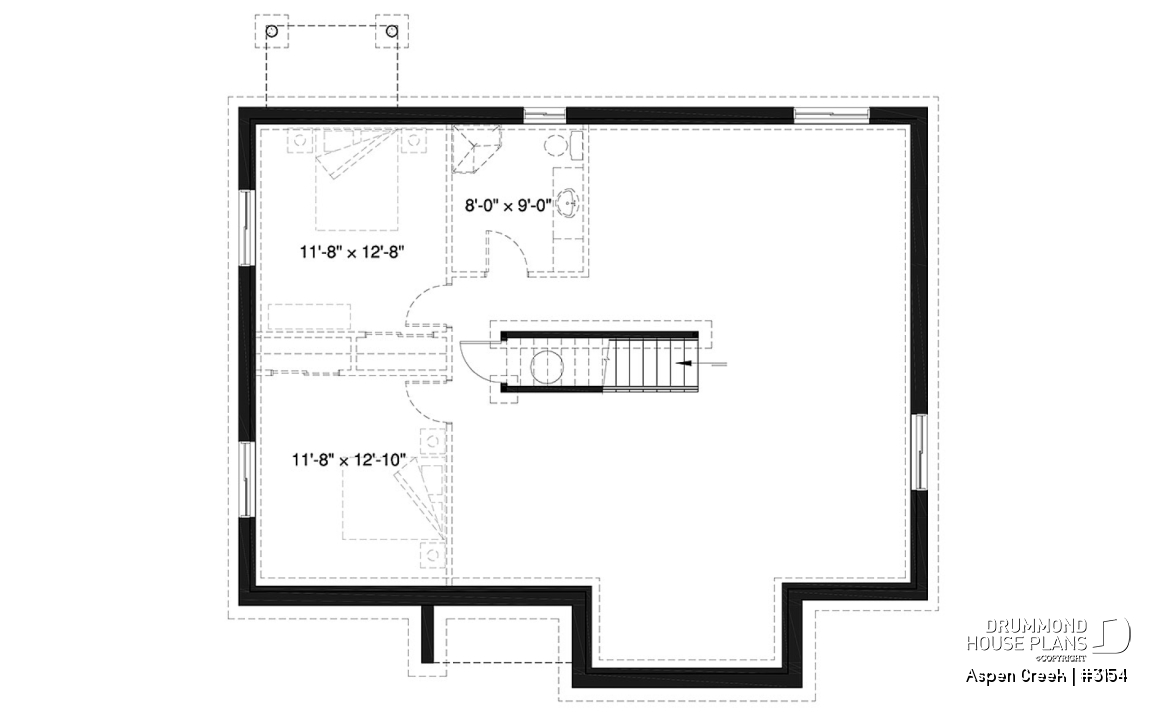 Basement - Ranch bungalow house plan with 3 bedrooms on main floor, open floor plan concept, fireplace - Aspen Creek