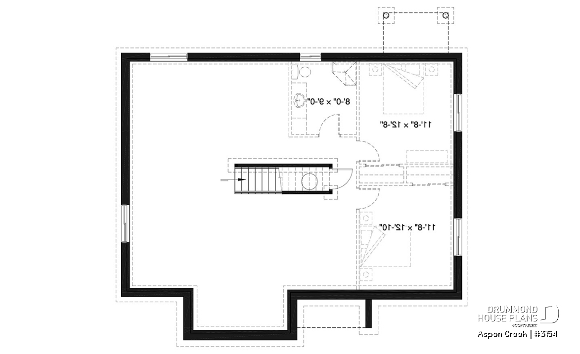 Basement - Ranch bungalow house plan with 3 bedrooms on main floor, open floor plan concept, fireplace - Aspen Creek