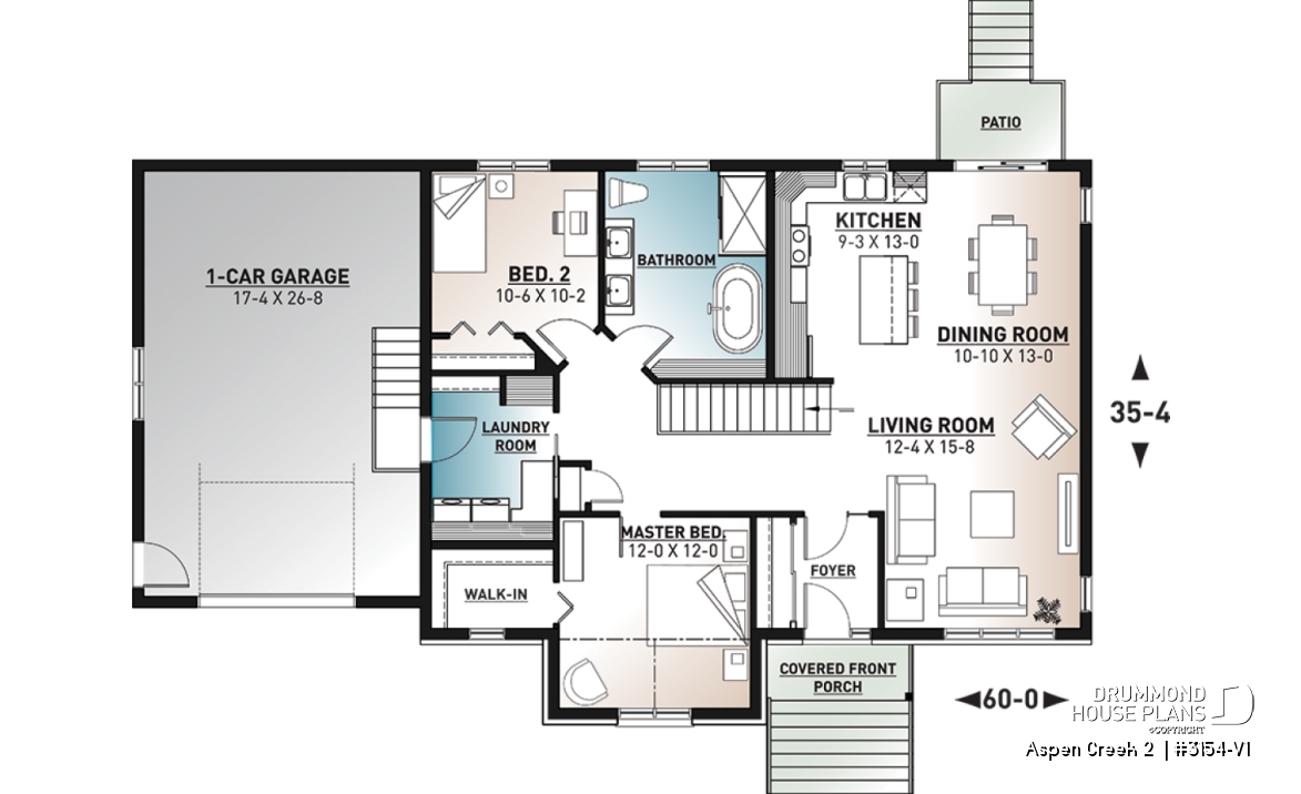 1st level - 2 bedroom Mountain style bungalow house plan with garage, mud room, laundry room on main floor and open plan - Aspen Creek 2 