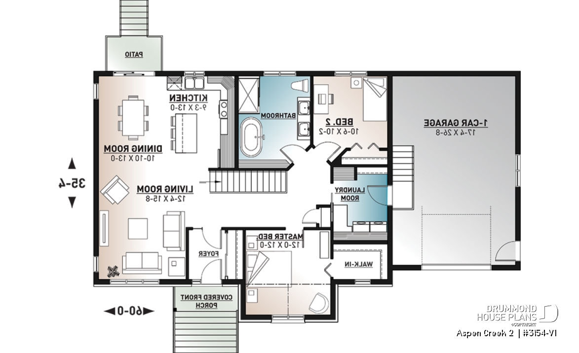 1st level - 2 bedroom Mountain style bungalow house plan with garage, mud room, laundry room on main floor and open plan - Aspen Creek 2 
