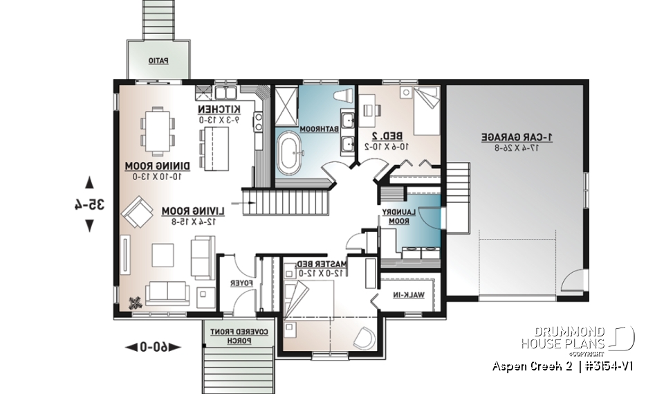 1st level - 2 bedroom Mountain style bungalow house plan with garage, mud room, laundry room on main floor and open plan - Aspen Creek 2 