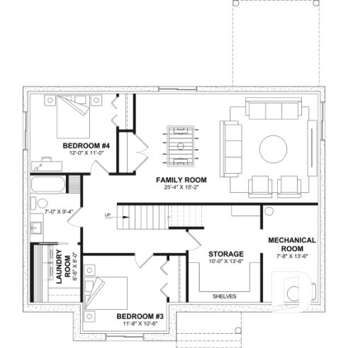 Finished basement (Optional $) - One-Story Modern Farmhouse House Plan, Home Office, Up to 5 Bedrooms, Optional Finished Basement ($) - Aspen Creek 3