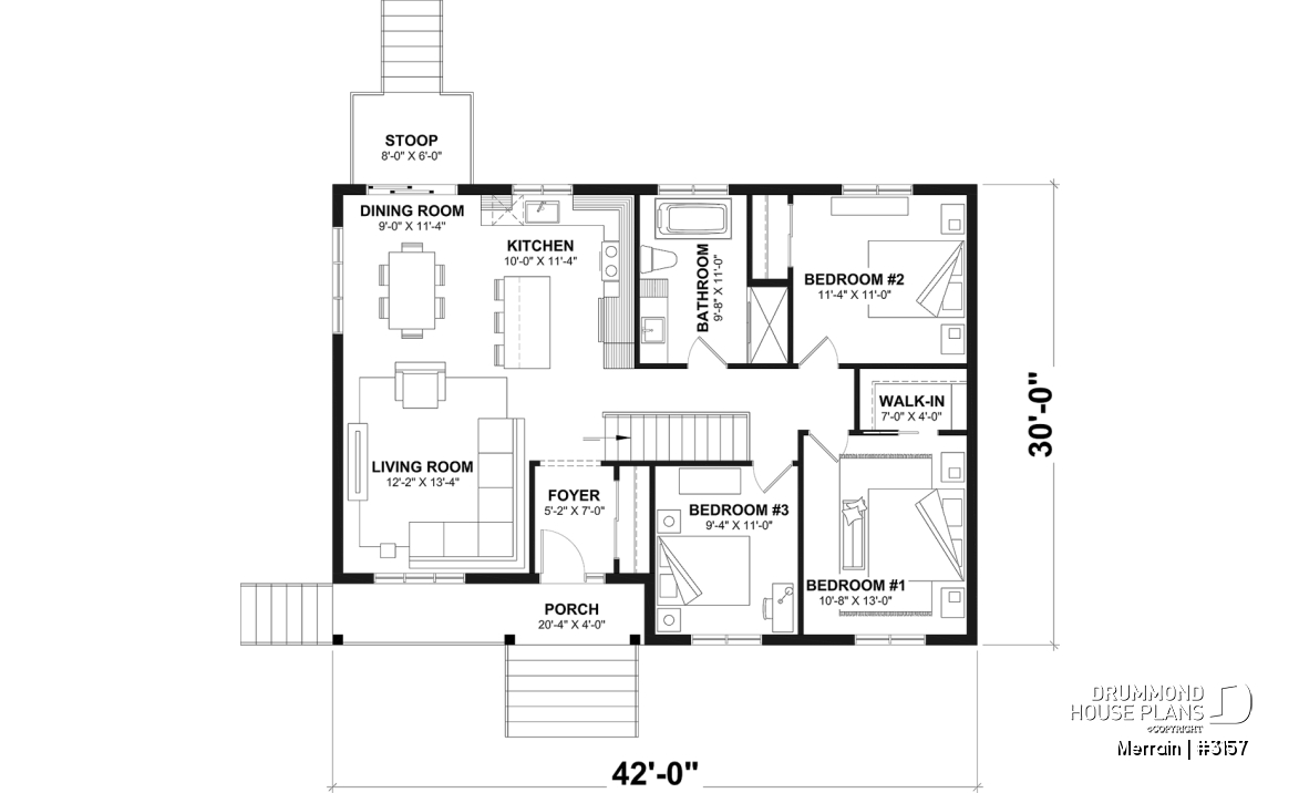 1st level - Single-story house model with 3 bedrooms on the ground floor, unfinished daylight basement - Merrain