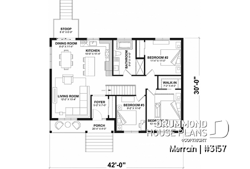 1st level - Single-story house model with 3 bedrooms on the ground floor, unfinished daylight basement - Merrain