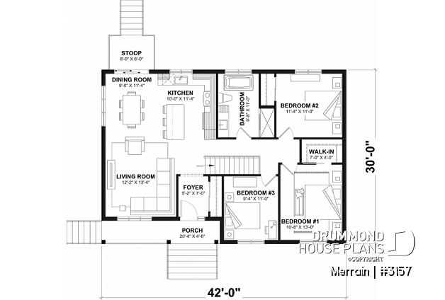 1st level - Single-story house model with 3 bedrooms on the ground floor, unfinished daylight basement - Merrain