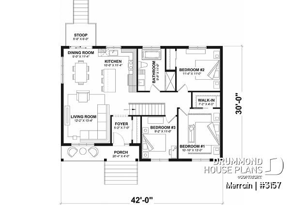 1st level - Single-story house model with 3 bedrooms on the ground floor, unfinished daylight basement - Merrain