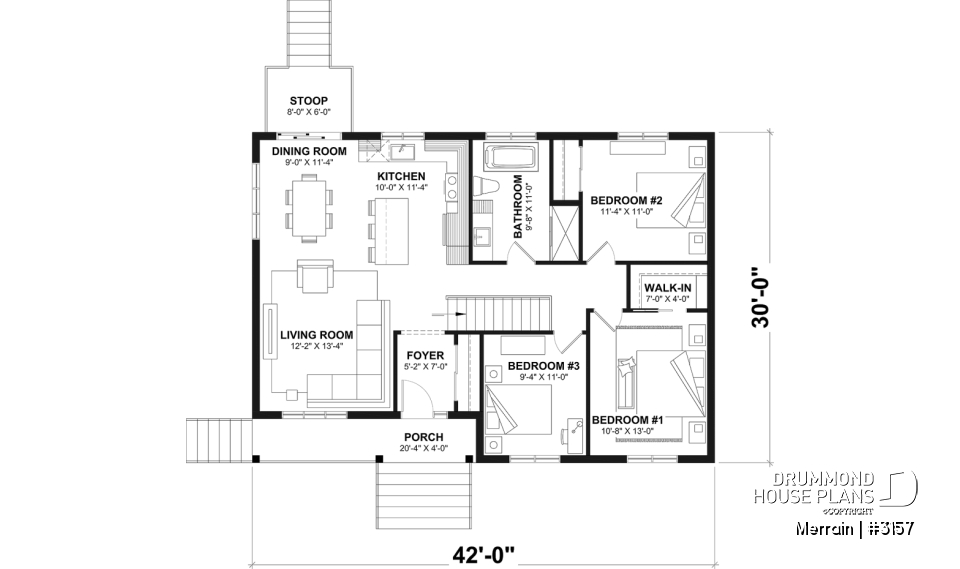 1st level - Single-story house model with 3 bedrooms on the ground floor, unfinished daylight basement - Merrain