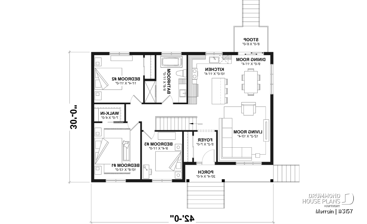 1st level - Single-story house model with 3 bedrooms on the ground floor, unfinished daylight basement - Merrain