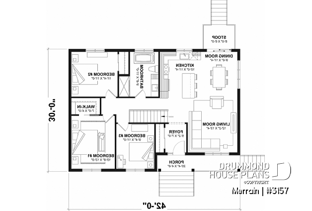1st level - Single-story house model with 3 bedrooms on the ground floor, unfinished daylight basement - Merrain