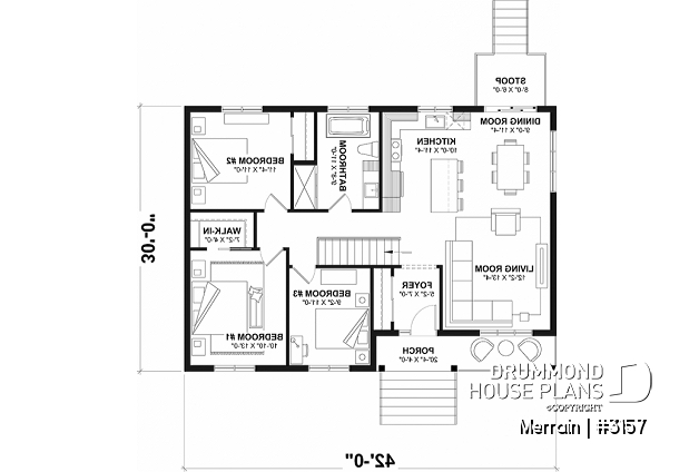 1st level - Single-story house model with 3 bedrooms on the ground floor, unfinished daylight basement - Merrain