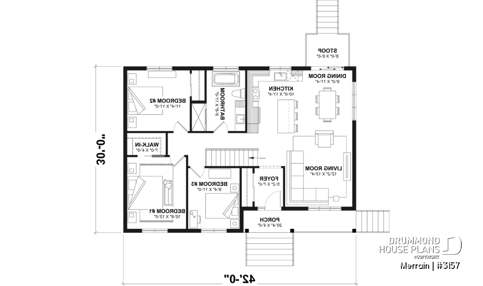 1st level - Single-story house model with 3 bedrooms on the ground floor, unfinished daylight basement - Merrain