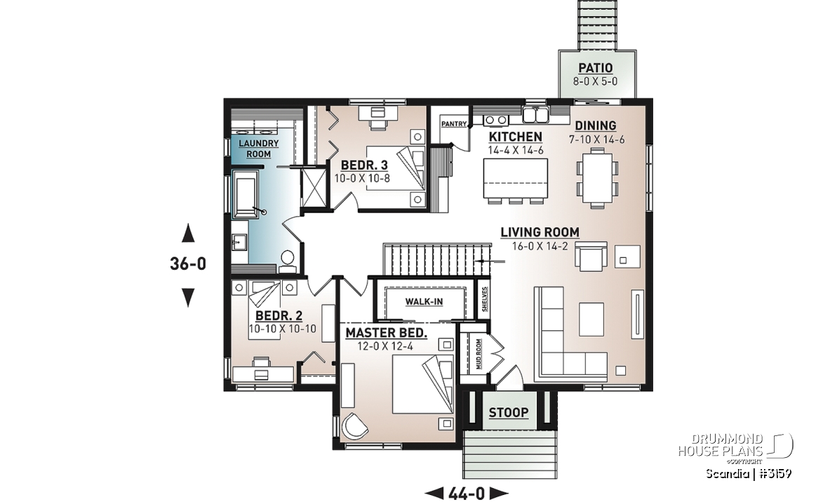 1st level - Modern house plan with 3 bedrooms, one-storey, pantry, laundry on main floor, unfinished daylight basement - Scandia