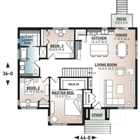 1st level - Modern house plan with 3 bedrooms, one-storey, pantry, laundry on main floor, unfinished daylight basement - Scandia