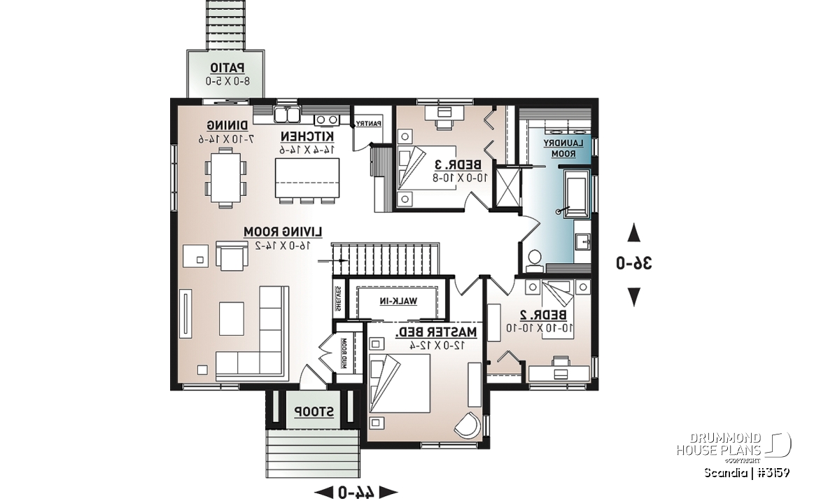 1st level - Modern house plan with 3 bedrooms, one-storey, pantry, laundry on main floor, unfinished daylight basement - Scandia