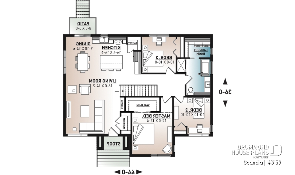 1st level - Modern house plan with 3 bedrooms, one-storey, pantry, laundry on main floor, unfinished daylight basement - Scandia