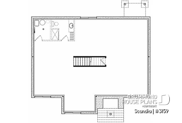 Basement - Modern house plan with 3 bedrooms, one-storey, pantry, laundry on main floor, unfinished daylight basement - Scandia