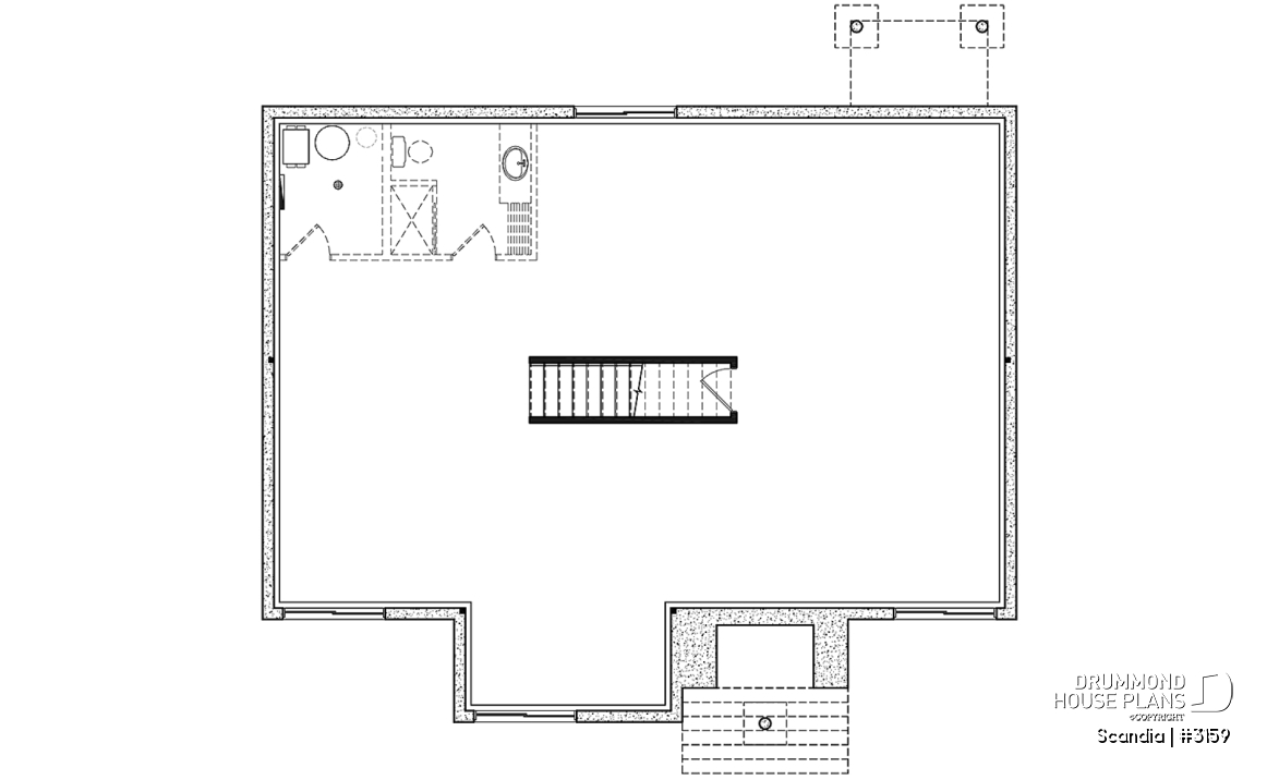 Unfinished basement - Modern house plan with 3 bedrooms, one-storey, pantry, laundry on main floor, unfinished daylight basement - Scandia