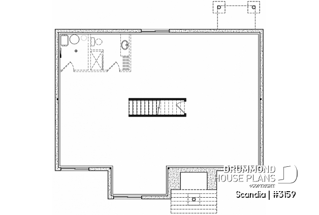 Unfinished basement - Modern house plan with 3 bedrooms, one-storey, pantry, laundry on main floor, unfinished daylight basement - Scandia